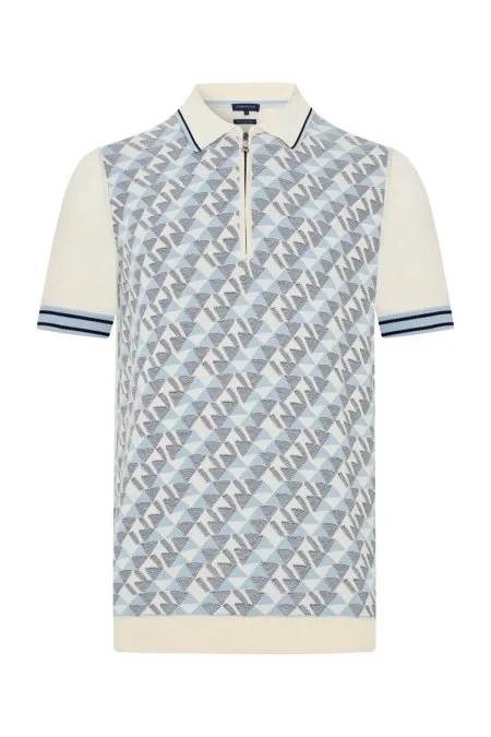 İpek Pamuk Karışım Geometrik Desen Açık Mavi Triko Polo