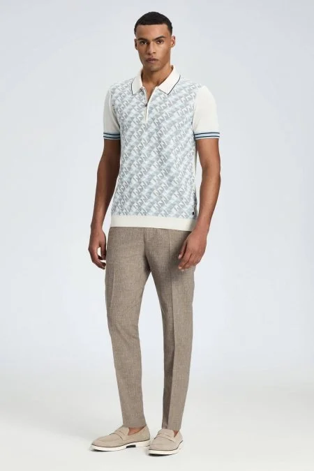 İpek Pamuk Karışım Geometrik Desen Açık Mavi Triko Polo