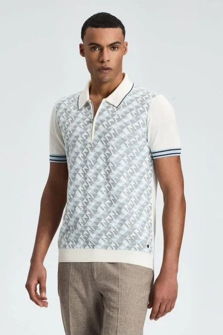 İpek Pamuk Karışım Geometrik Desen Açık Mavi Triko Polo