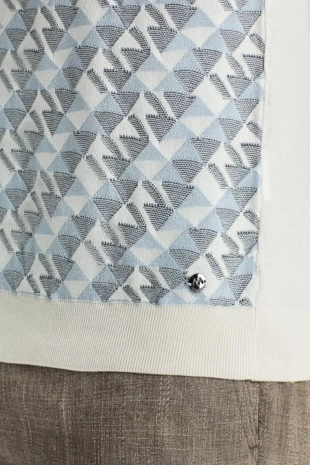 İpek Pamuk Karışım Geometrik Desen Açık Mavi Triko Polo