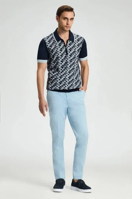 İpek Pamuk Karışım Geometrik Desen Lacivert Triko Polo