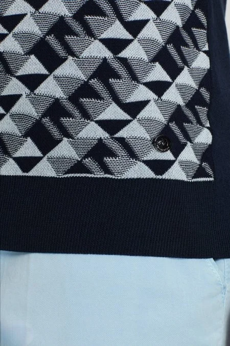 İpek Pamuk Karışım Geometrik Desen Lacivert Triko Polo