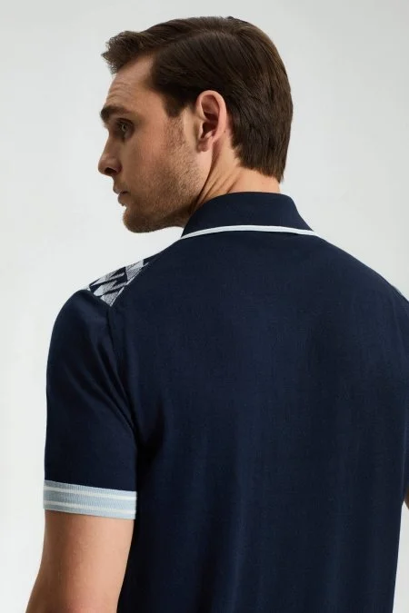 İpek Pamuk Karışım Geometrik Desen Lacivert Triko Polo