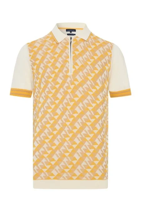 İpek Pamuk Karışım Geometrik Desen Sarı Triko Polo