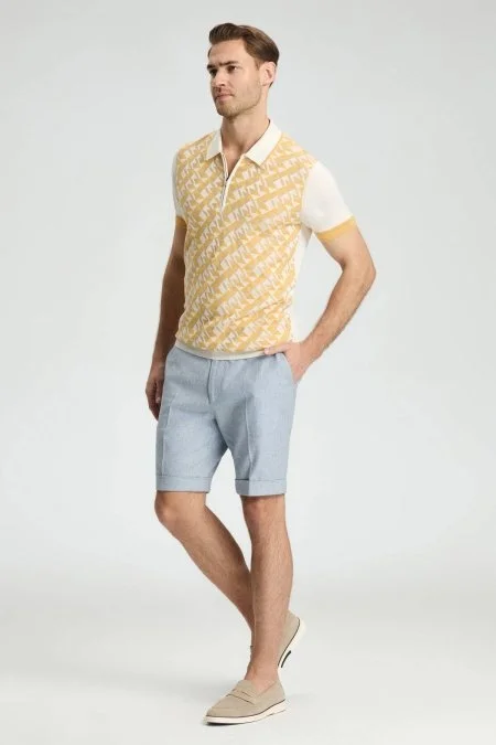 İpek Pamuk Karışım Geometrik Desen Sarı Triko Polo