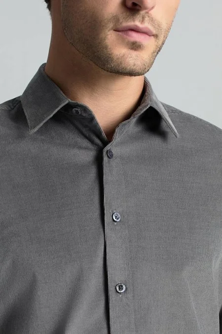 İpek Pamuk Karışım Orta Gri Kadife Gömlek