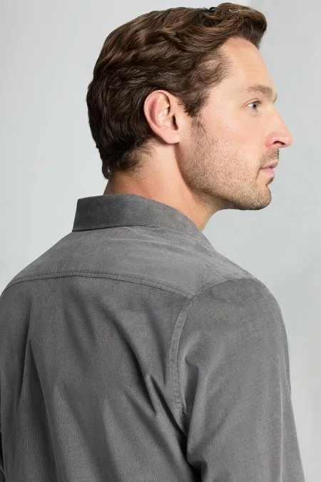 İpek Pamuk Karışım Orta Gri Kadife Gömlek