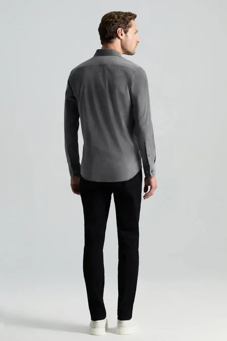 İpek Pamuk Karışım Orta Gri Kadife Gömlek