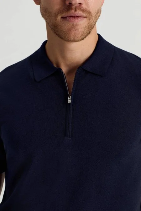 İpek Pamuk Karışım Fermuar Detaylı Lacivert Triko Polo