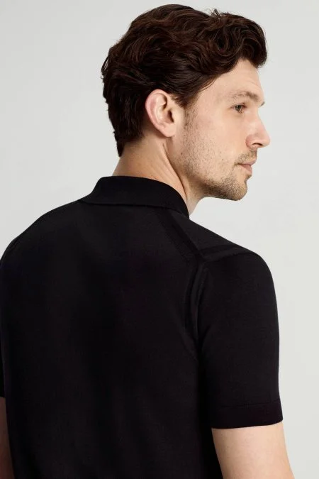 İpek Pamuk Karışım Fermuar Detaylı Siyah Triko Polo