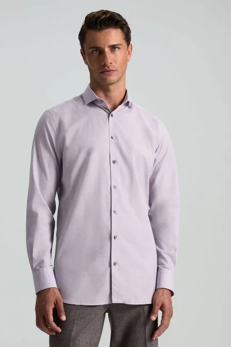 İpek Pamuk Karışım İtalyan Yaka Mor Gömlek