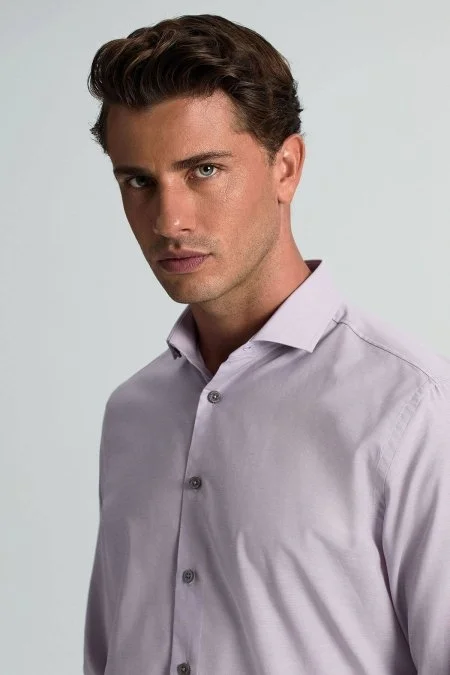 İpek Pamuk Karışım İtalyan Yaka Mor Gömlek