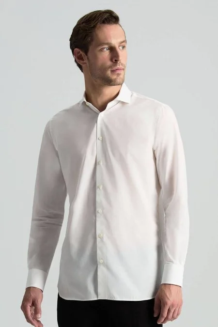 İpek Pamuk Karışım İtalyan Yaka Beyaz Gömlek