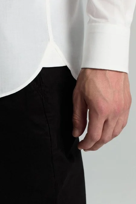 İpek Pamuk Karışım İtalyan Yaka Beyaz Gömlek