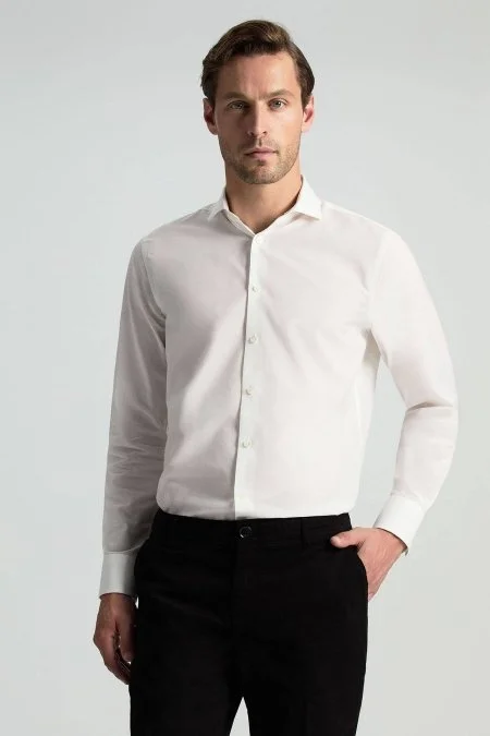 İpek Pamuk Karışım İtalyan Yaka Beyaz Gömlek İpek Pamuk Karışım İtalyan Yaka Beyaz Gömlek