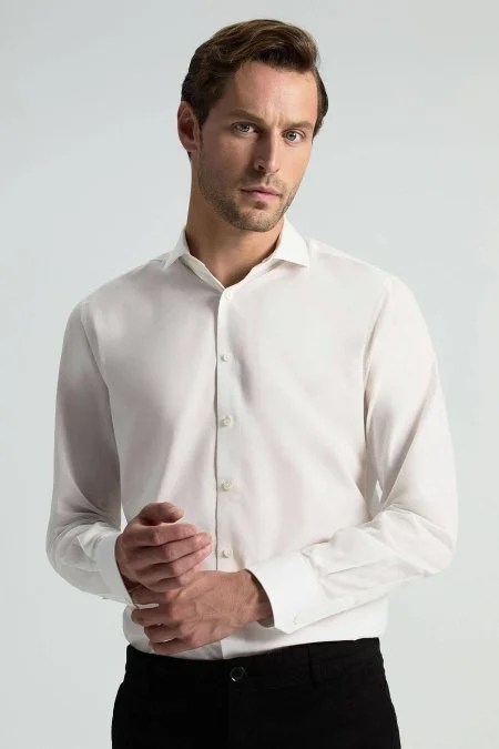 İpek Pamuk Karışım İtalyan Yaka Beyaz Gömlek