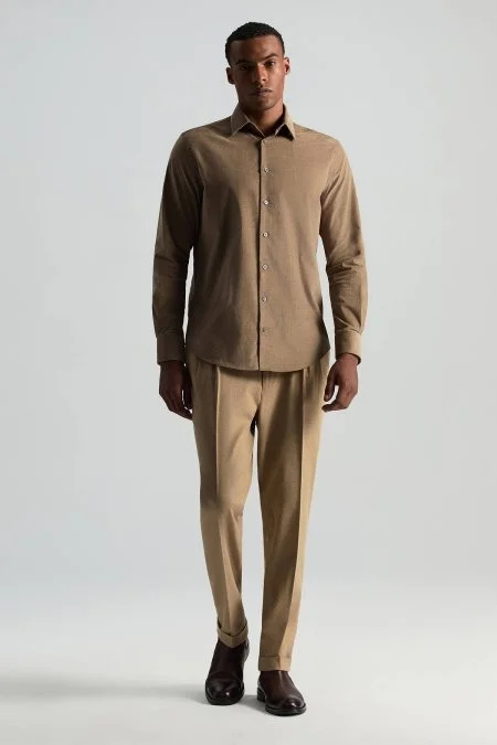 İpek Pamuk Karışım Camel Kadife Gömlek