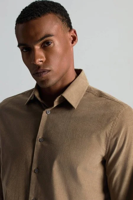 İpek Pamuk Karışım Camel Kadife Gömlek