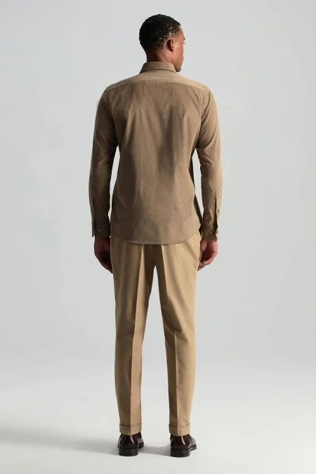 İpek Pamuk Karışım Camel Kadife Gömlek