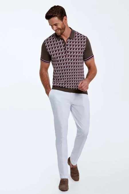 İpek Pamuk Karışım Desen Kahverengi Triko Polo