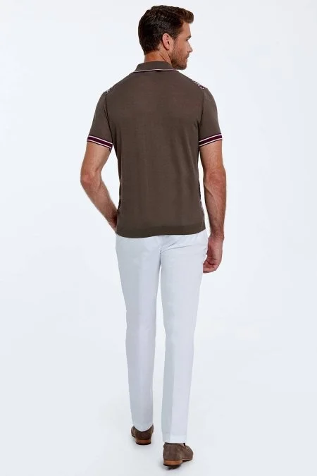 İpek Pamuk Karışım Desen Kahverengi Triko Polo