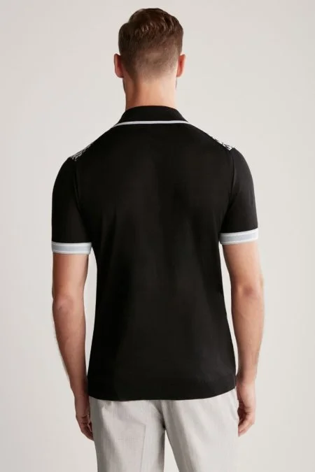 İpek Pamuk Karışım Desen Siyah Triko Polo