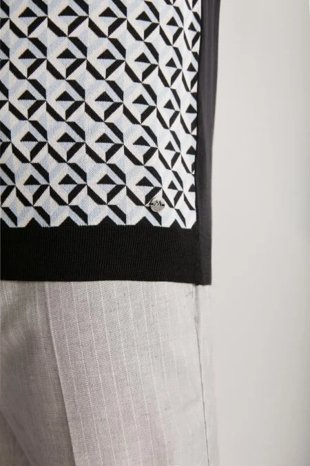 İpek Pamuk Karışım Desen Siyah Triko Polo