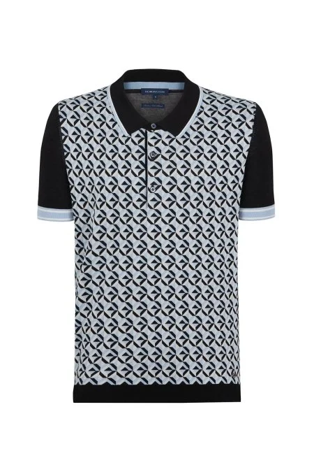 İpek Pamuk Karışım Desen Siyah Triko Polo