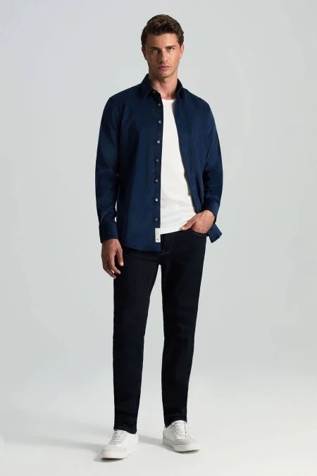 İpek Pamuk Karışım Koyu Mavi Kadife Gömlek