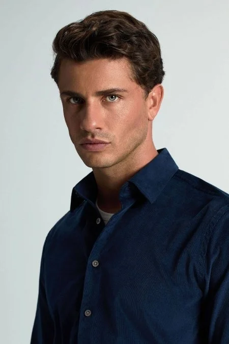 İpek Pamuk Karışım Koyu Mavi Kadife Gömlek