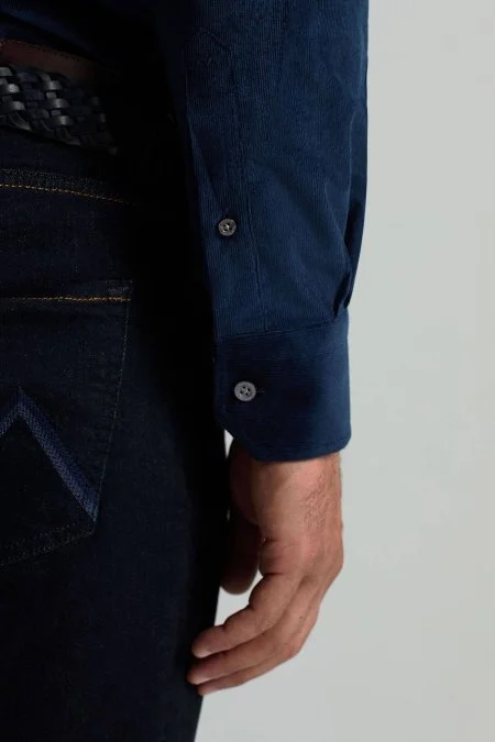 İpek Pamuk Karışım Koyu Mavi Kadife Gömlek