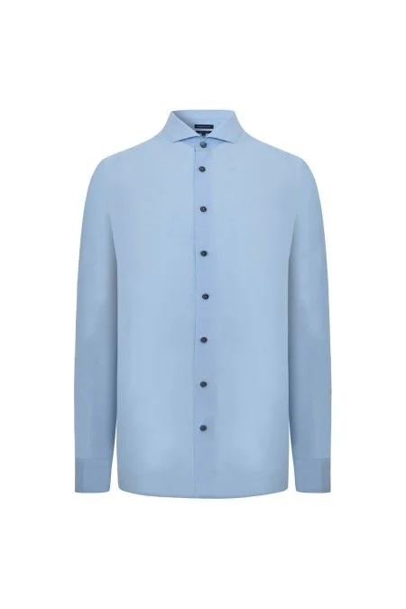 İpek Pamuk Karışım İtalyan Yaka Mavi Gömlek