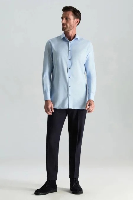 İpek Pamuk Karışım İtalyan Yaka Mavi Gömlek
