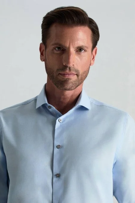 İpek Pamuk Karışım İtalyan Yaka Mavi Gömlek