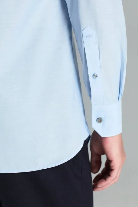 İpek Pamuk Karışım İtalyan Yaka Mavi Gömlek