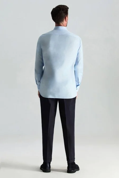 İpek Pamuk Karışım İtalyan Yaka Mavi Gömlek