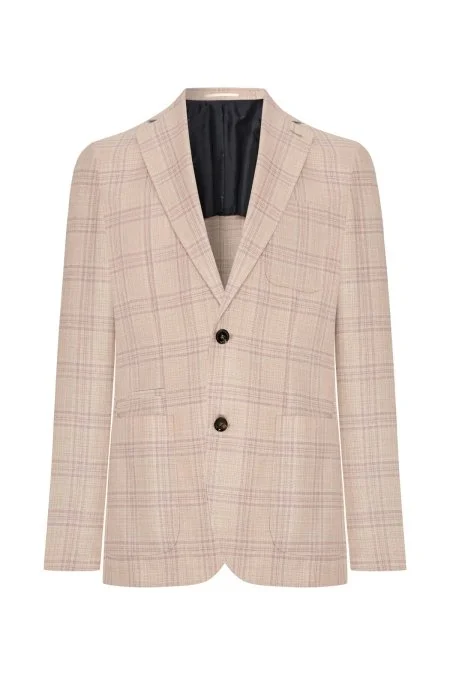 İpek-Yün Karışım Ekose Desen Gül Kurusu Blazer Ceket