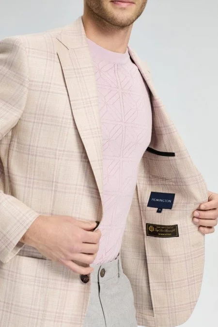 İpek-Yün Karışım Ekose Desen Gül Kurusu Blazer Ceket