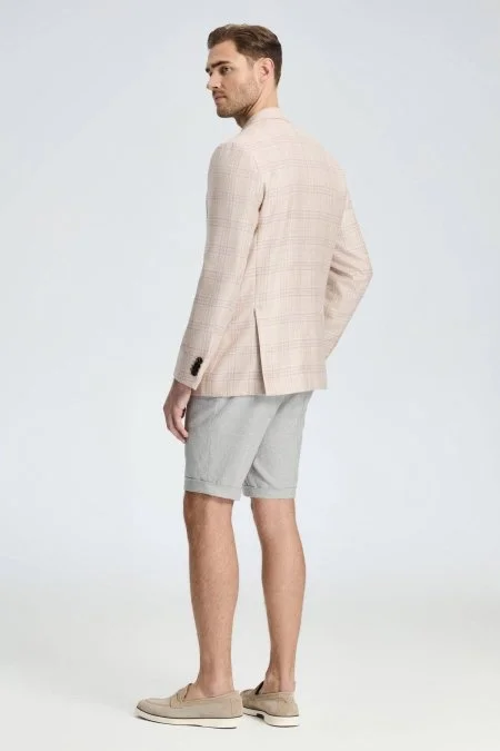 İpek-Yün Karışım Ekose Desen Gül Kurusu Blazer Ceket