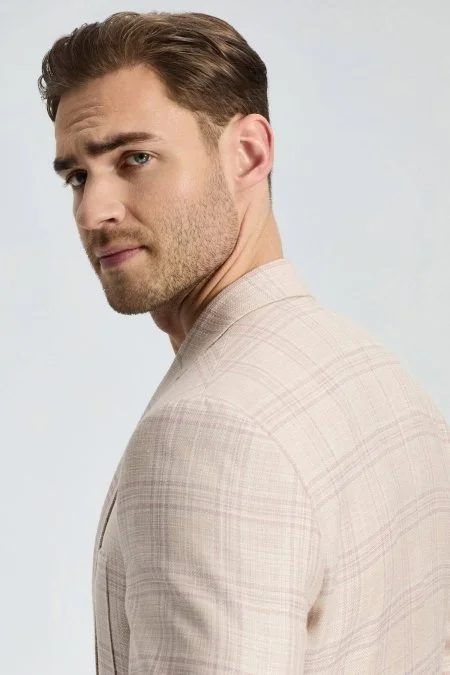 İpek-Yün Karışım Ekose Desen Gül Kurusu Blazer Ceket