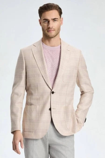 İpek-Yün Karışım Ekose Desen Gül Kurusu Blazer Ceket