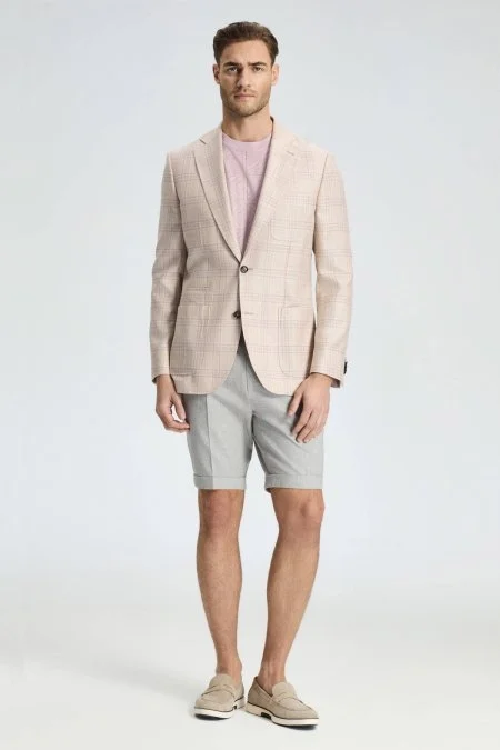 İpek-Yün Karışım Ekose Desen Gül Kurusu Blazer Ceket