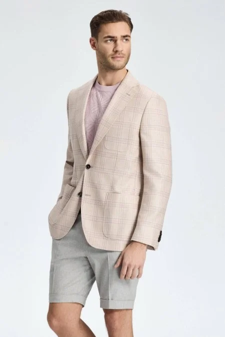 İpek-Yün Karışım Ekose Desen Gül Kurusu Blazer Ceket