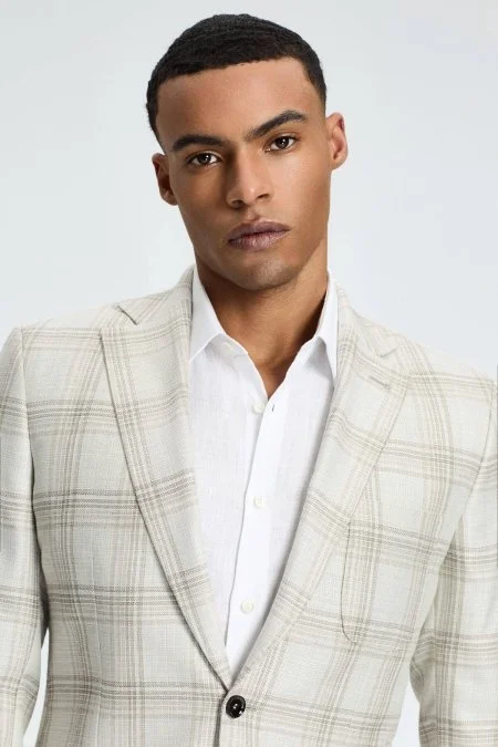 İpek-Yün Karışım Ekose Desen Krem Rengi Blazer Ceket