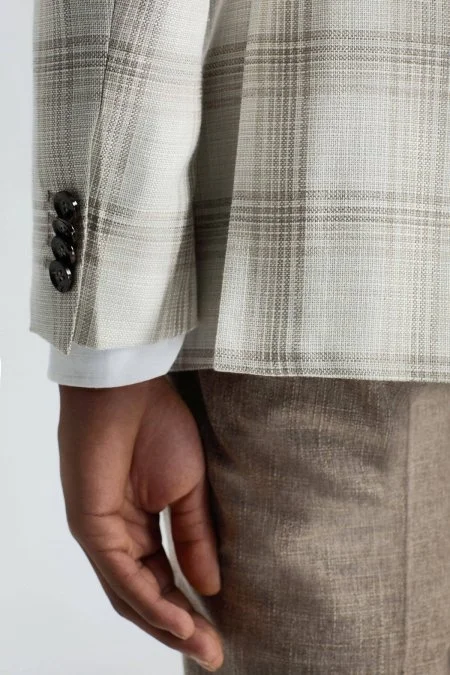İpek-Yün Karışım Ekose Desen Krem Rengi Blazer Ceket