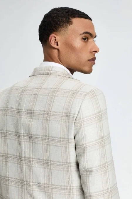 İpek-Yün Karışım Ekose Desen Krem Rengi Blazer Ceket