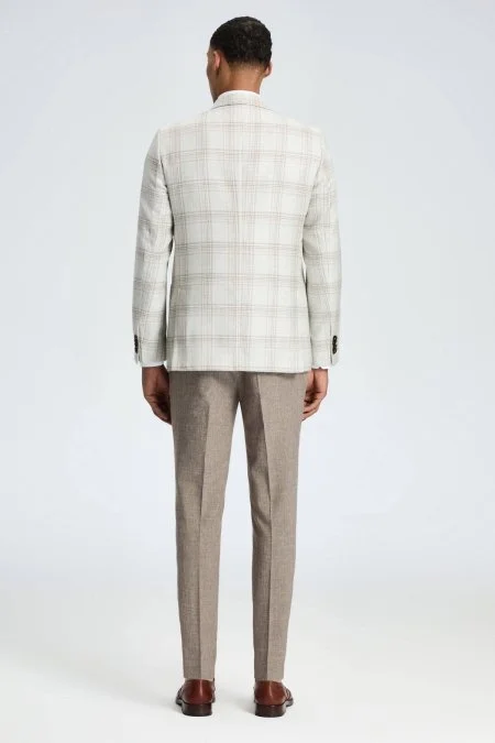 İpek-Yün Karışım Ekose Desen Krem Rengi Blazer Ceket