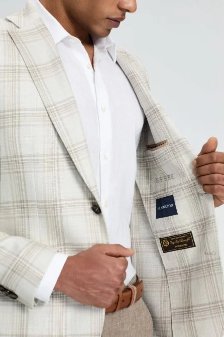 İpek-Yün Karışım Ekose Desen Krem Rengi Blazer Ceket