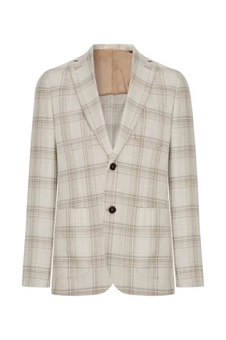 İpek-Yün Karışım Ekose Desen Krem Rengi Blazer Ceket