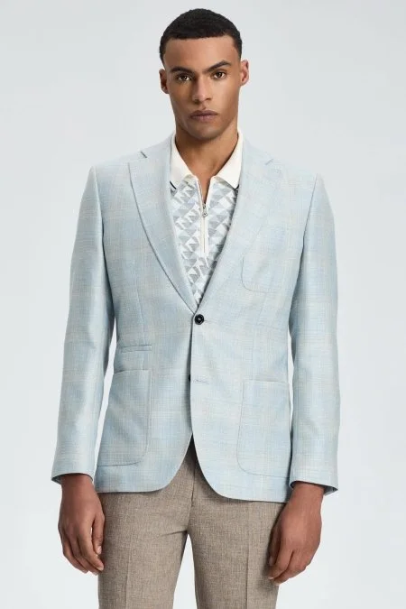 İpek-Yün Karışım Ekose Desen Orta Mavi Blazer Ceket